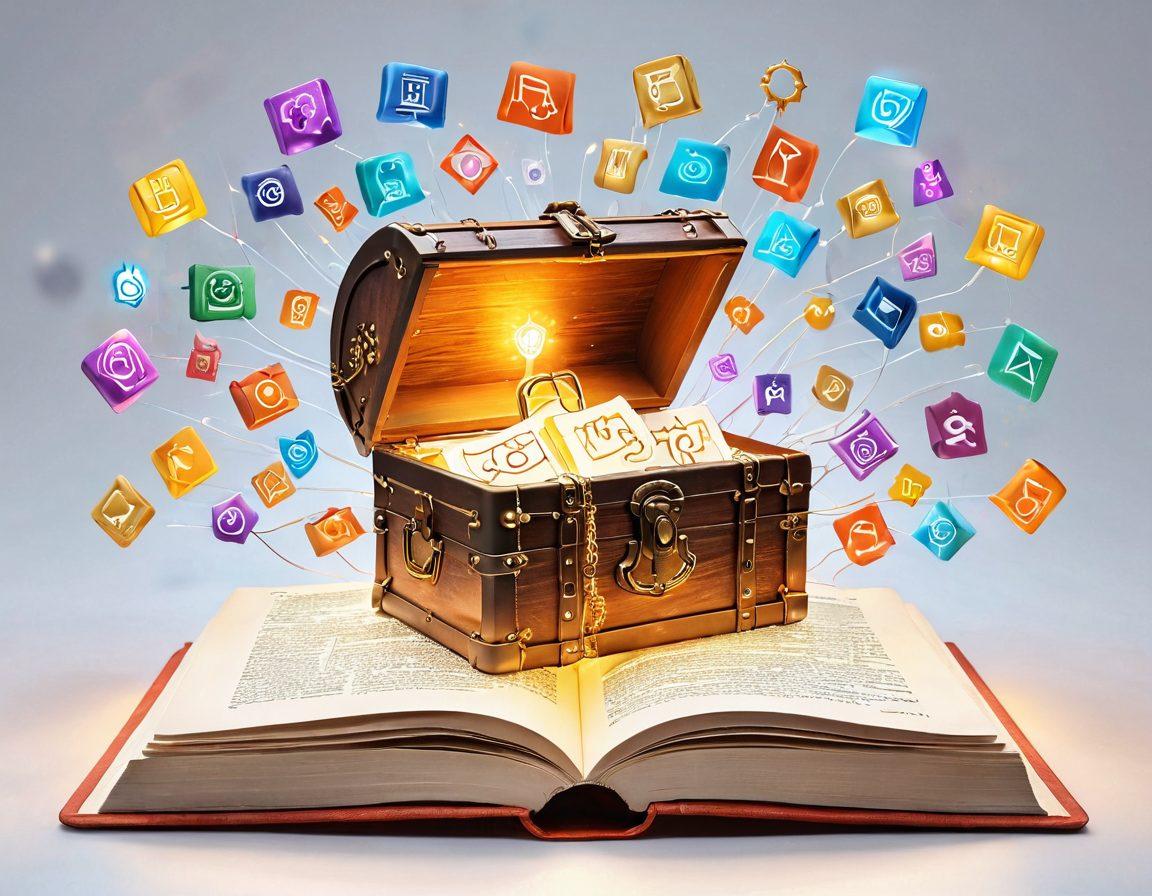 A digital open book with glowing pages revealing blog strategies like engagement icons and community symbols, intertwined with a key unlocking a treasure chest of ideas in the background. Soft light illuminating the scene reflects creativity and knowledge. super-realistic. vibrant colors. white background.