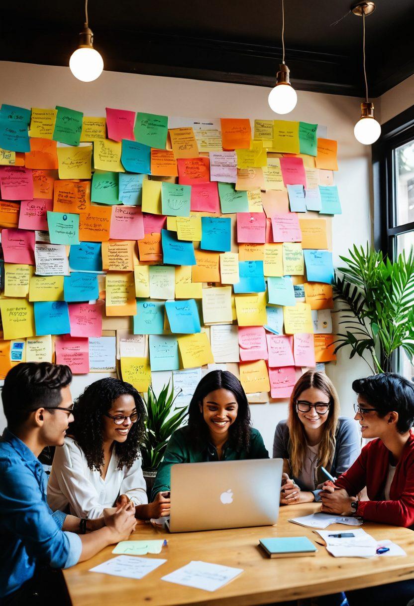 A diverse group of bloggers gathered around a laptop, sharing ideas and brainstorming, with colorful post-it notes scattered around them. The background features a cozy café ambiance, filled with vibrant plants and bookshelves. Above them, thought bubbles showcase various engagement strategies such as social media icons, community events, and collaboration. The overall scene fosters a sense of community and collaboration. super-realistic. vibrant colors. cozy atmosphere.
