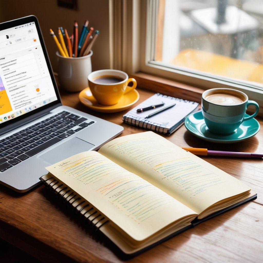 An open notebook filled with colorful handwritten notes and a steaming cup of coffee beside it, with a laptop displaying a blog interface in the background. Incorporate elements representing both creative writing and content marketing, such as pens, calendars, and infographics. The setting should be warm and inviting, implying inspiration and productivity. natural light streaming in from a nearby window. vibrant colors. cozy atmosphere.